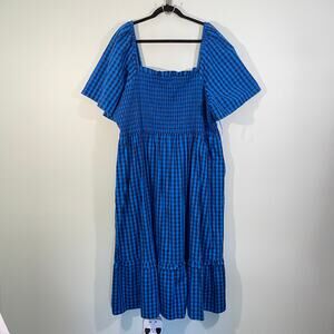 Draper James Women Blue Gingham Deana Smocked Midi Dress Size 3X